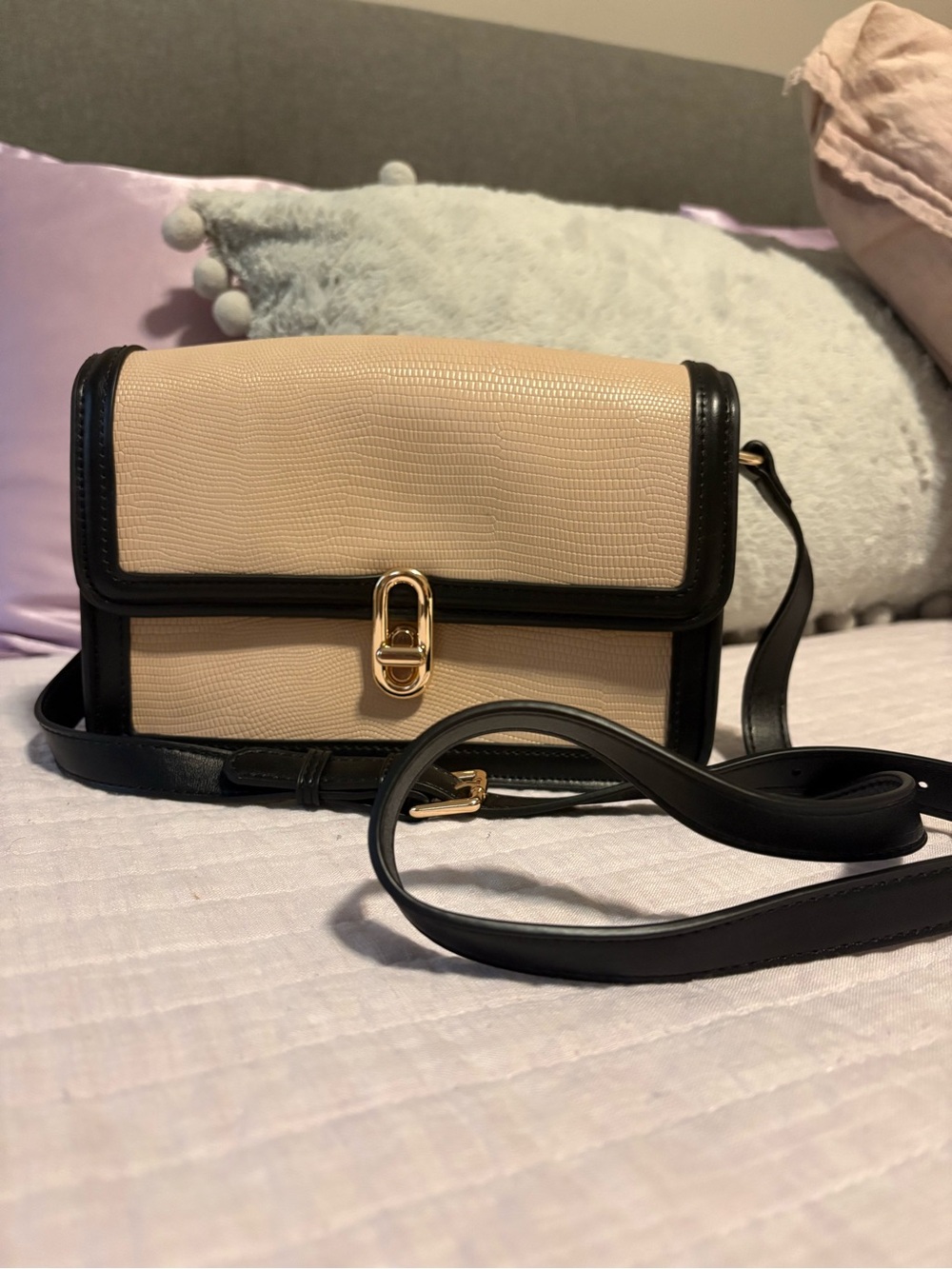 Textured Beige and Black Crossbody Bag with Gold Hardware